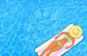 Woman resting on floating air mattress in a swimming pool. Summer holiday idyllic. Top view. Sea vacation.