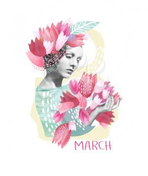A collage with the image of a spring girl with pink flowers in his hair and a bouquet of tulips. Congratulations on the International Women's Day.