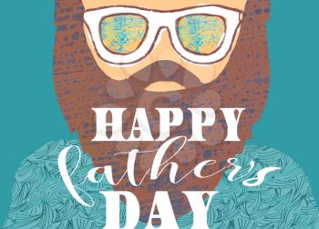 Greeting card template with Happy Father Day. Portrait of man with beard and sunglasses.