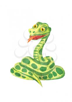 Green snake. Reptile. Hand drawing cartoon illustration isolated on white backdrop. Wildlife art for fabric, postcard, greeting card, book, T-shirt, phone case, for the children