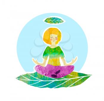 Beautiful cartoon icon with girl in lotus pose on white background for concept design. Woman meditating. Yoga lotus pose, women wellness concept. Yoga fitness concept. Lotus concept logo. Hand drawn illustration.