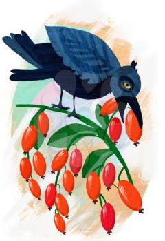 The black raven sits on a branch and eats dogwood berries. Hand drawing cartoon illustration. Wildlife art for fabric, postcard, greeting card, book, phone case, for the children