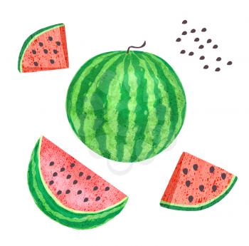 A whole watermelon and slices of watermelon with seeds isolated on white background. Hand drawn illustration.