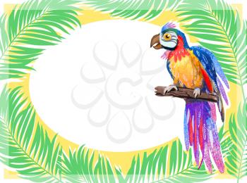 Frame with exotic tropical leaves and bright parrot. Empty space for text.
