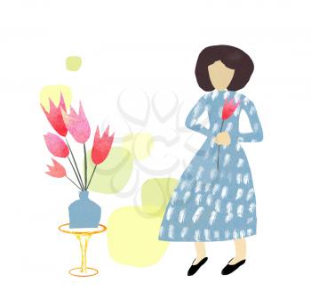 Woman with tulip in blue dress. Hello spring illustration.Flat illustration