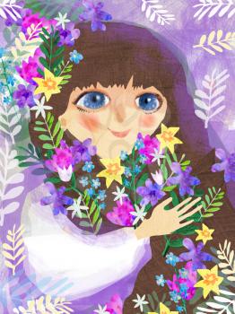 Little girl with spring flowers.Hello spring illustration with little girl with big blue eyes and dark hair with spring flowers.
