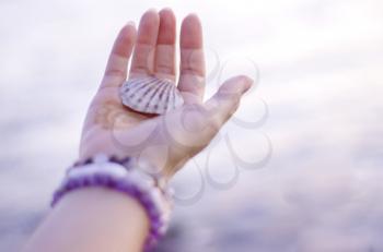 Sea shell on hand against the background of the sea, Relaxation, peace and pleasant mention of the sea.