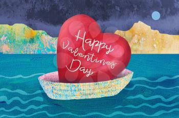 Boat with the valentines day heart. Love concept. Illustration for happy valentines day celebration.