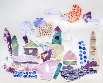 The collage is an application from a picturesque paper. Art therapy, visualization, reflection through intuitive collage using various patterned textures.