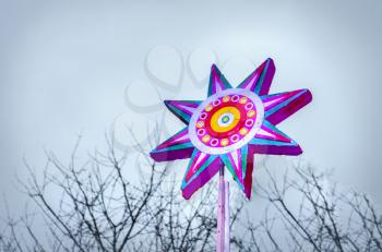 Wooden colored painted star, isolated on a blurred background. Christmas decorations handmade.