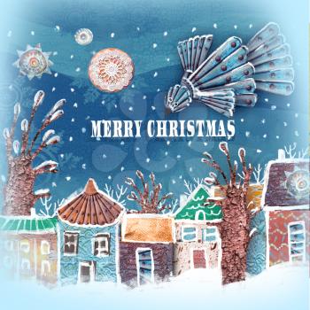 Flying birds over the winter city. Illustration-collage.Christmas greeting card.