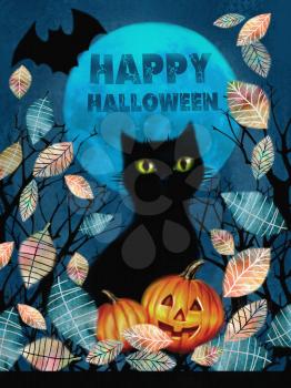 Happy Halloween greeting card. Spooky background with autumn tree, black cat, bat flying in the night over dark forest with pumnkins in the fallen leaves on a full moon background.