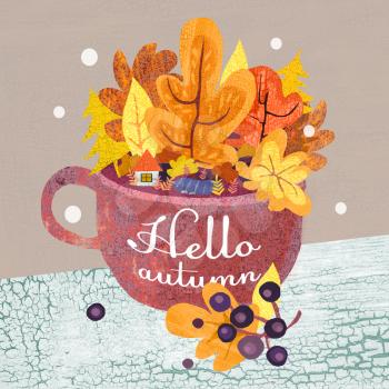 Hello Autumn. Hand drawn autumn landscape in mug. Autumn illustration. Cup with different colorful leaves.