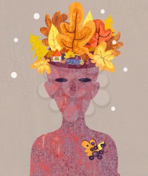 Autumn landscape on the head in the person. Brooch from autumn leaves and berries.