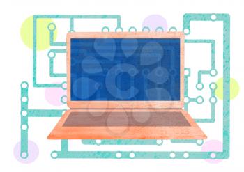 Laptop and abstract electronic board circuit illustration. Tech background.