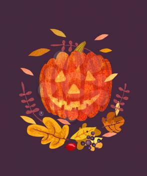 Abstract Halloween Jack-O-Lantern and leaves. Halloween pumpkin. Autumn illustration isolated on a dark background.