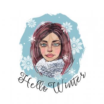 Portrait of a girl in snowflakes and a scarf. Illustration hello winter.