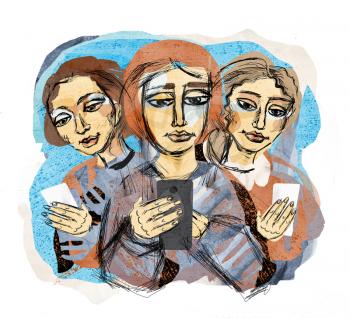 People with smartphones in their hands. Graphic drawing about people's lifestyle in the modern world. Communicating people through social networks.
