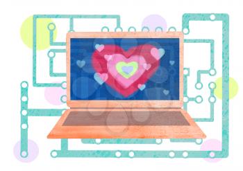 Laptop with heart on the screen against the background of abstract electronic board chains illustration. Valentine's day concept