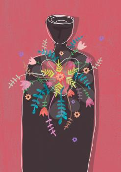 Silhouette of man with flowers growing out of the heart. Illustration on the theme of love of kindness, mercy, joy.