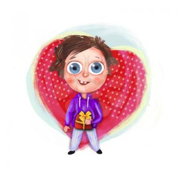 A boy with a gift in his hands against the background of the heart. Illustration for Valentine's day