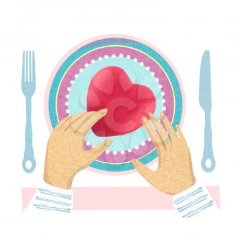 Heart on a plate, a fork and a spoon, hands on a white background. St. Valentine's Day Illustration.