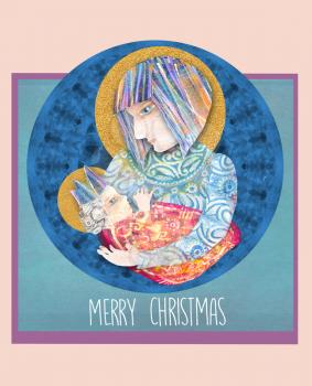 Christmas religious card with Mary and baby Jesus. Abstract painting. Holy family design. Christmas nativity scene