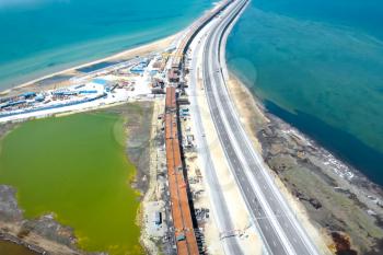 Crimean bridge before the opening of traffic on it. Grandiose construction through the Kerch Strait. Megastore.
