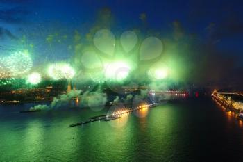 Salute Scarlet Sails. The festive salute is grandiose. Fireworks pyrotechnics.