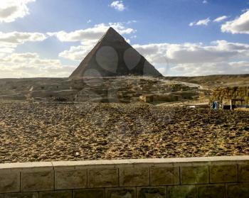 Giza Museum Complex, Egypt - 27 August 2017: Pyramids of giza. Great pyramids of Egypt. The seventh wonder of the world. Ancient megaliths