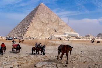 Giza Museum Complex, Egypt - 27 August 2017: Pyramids of giza. Great pyramids of Egypt. The seventh wonder of the world. Ancient megaliths