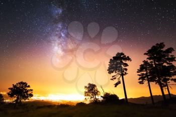 The starry sky, the milky way. Photo of long exposure. Night landscape.