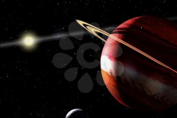 The planet is a gas giant with rings, similar to Saturn.