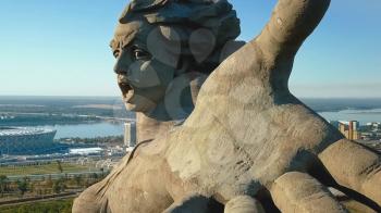 Volgograd, Russia - May 14, 2018: Statue of Motherland in Volgograd. View from the drones close. Victory Monument.