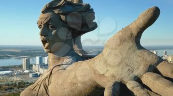 Volgograd, Russia - May 14, 2018: Statue of Motherland in Volgograd. View from the drones close. Victory Monument.