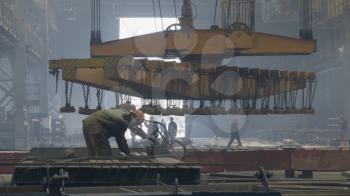 Novorossiysk, Russia - May 26, 2018: Magnetic parts moving in a shipyard. Workplace mechanization. Shipbuilding plant, Internal welding workshop m erection of metal structures. The plant in Novorossiysk.