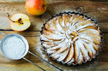 American apple pie, fruit dessert, tart selective focus, top view