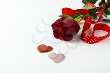 Rose, red ribbon, silk hearts on white background, Valentines Day background, wedding day background, rose