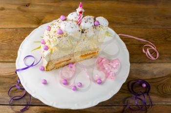Birthday meringue cake on the cake stand, place for text. Birthday Cake. Meringue cake. Pavlova. Birthday card