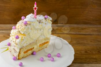 Slice of peach and meringue birthday cake, place for text. Birthday card. Birthday Cake. Meringue cake. Pavlova