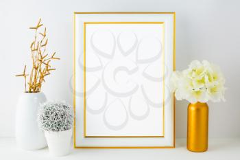 White frame mockup with small cactus. Frame mockup. Poster Mockup. Styled mockup. Product mockup.  Design Mockup. White frame mockup. Gold frame mockup.