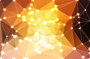 Yellow coral pink black abstract low poly geometric background with white triangle mesh and defocused lights.