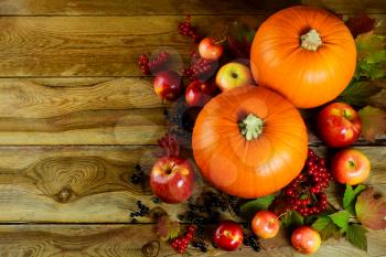Autumn background with seasonal vegetables and fruits. Thanksgiving greeting  card with pumpkins, berries and apples.