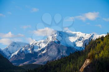 Snowy mountain peaks view, beautiful mountain landscape. Siberian Altai Mountains, Russia