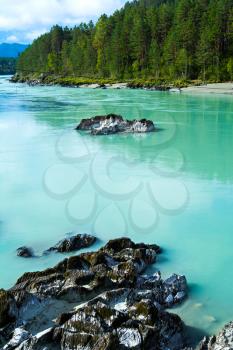 Vertical view of the stony bottom of the turquoise river, Katun river, Altai Mountains, Russia
