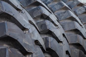 Truck tire stack background Selective focus