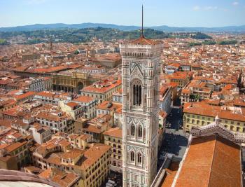 Rooftop view of medieval Duomo Santa Maria del Fiore Cathedral in Florence at the Giottos Campanile and historic center of Florence, Tuscany, Italy
