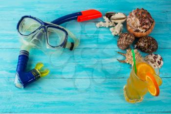 Beach cocktail holidays background. Beach party. Sea shells. Adventure. Snorkeling mask. Diving mask. Watersport. Sea vacation. Sea holidays