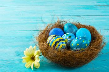 Blue hand-painted decorated Easter eggs in a nest and yellow flower daisy on blue wood plank. Easter background. Easter symbol. Top view with copy space
