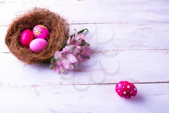pink Easter eggs in a nest with soft pink flowers on the white wooden background